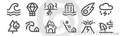 Set of 12 disaster icons. outline thin line icons such as windy, landslide, tsunami, meteor, earthquake, airdrop Vector Illustration