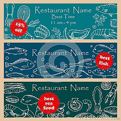 Set discount fliers for fish restaurants Vector Illustration