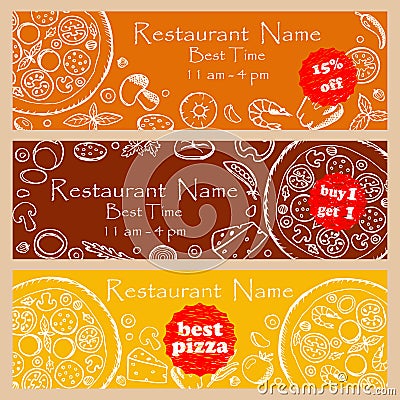 Set discount fliers for pizzeria and restaurants Vector Illustration