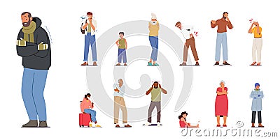 Set of Diseased Characters with Pale Faces, Pain Grimacing, And Feeble Postures Define The Sickly People Vector Set Vector Illustration
