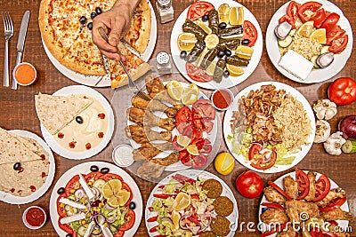 Set of dishes with Asian, Arabic and Mediterranean food with fried Stock Photo