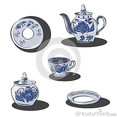 A set of dishes in the gzhel style with blue flowers. Porcelain and earthenware ceramic items for table setting. Teapot, sugar bow Vector Illustration