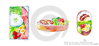 Set of dishes with red fish and rice,salad and tomatoes with cucumbers.Watercolor illustration isolated on white background Cartoon Illustration