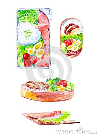 Set of dishes with red fish and rice,salad and tomatoes with cucumbers.Watercolor illustration isolated on white background Cartoon Illustration