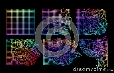 Set of distorted grid backgrounds in vaporwave or 90s style with colorful gradient. Wave bent graphic grid for music Vector Illustration