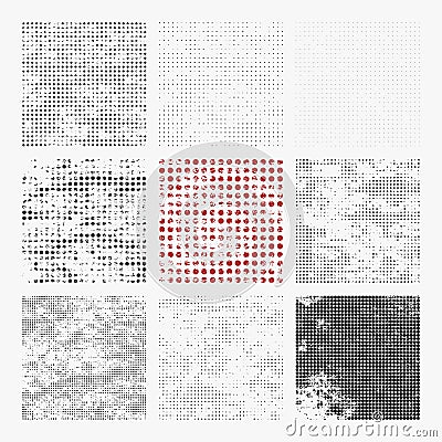 Set of distressed halftone textures. Vector Illustration