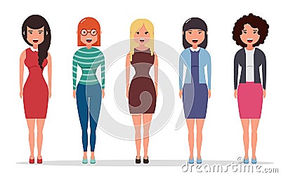 Set of diverse business characters, businesswomen dressed in different styles of clothes. Geometric people. Vector Illustration