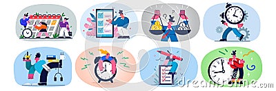 Set of diverse employees multitask meet deadline Vector Illustration