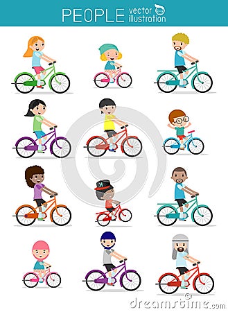 Set of diverse family riding bikes isolated on white background. Different nationalities and dress styles. Happy family riding bi Vector Illustration