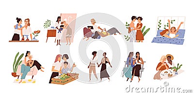 Set of diverse homosexual multiracial lesbian couples. International gay family bundle with children. Female parents Vector Illustration