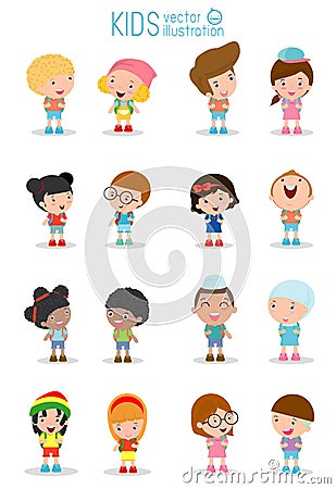 Set of diverse Kids and Different nationalities isolated on white background, Kids go to school, back to school, Cute cartoon chil Vector Illustration