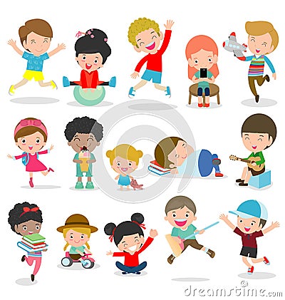 Set of diverse kids. Happy child character cartoon collection. Multicultural children of different nationalities in cartoon style Vector Illustration