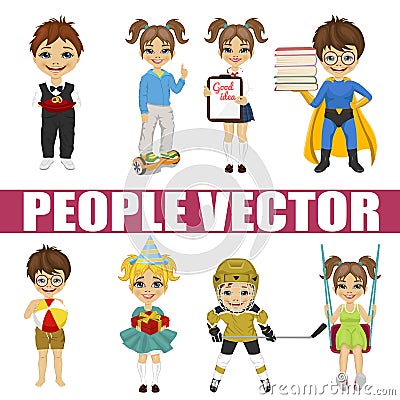 Set of diverse kids. Hockey player, superhero, schoolgirl, schooter, birthday gift, ring bearer Vector Illustration