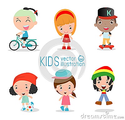 Set of diverse kids isolated on white background. Vector Illustration