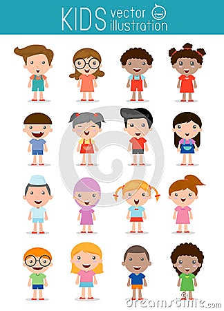 Set of diverse kids isolated on white background.Different nationalities and dress styles Vector Illustration