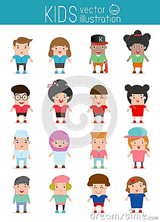 Set of diverse kids on white background. people characters, Different nationalities and dress styles. kids European , Ame Vector Illustration