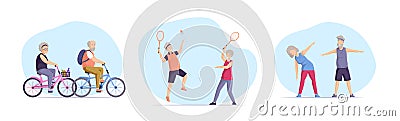 Set of diverse old people activity. Happy elderly man and woman healthy active lifestyle retiree for grandparents. Senior age Vector Illustration