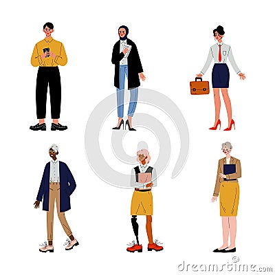 Set of diverse people. Multicultural and disabled business people, entrepreneurs or office workers cartoon vector Vector Illustration
