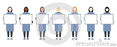 Set of diverse race female characters holding a blank placard. Women rights Vector Illustration