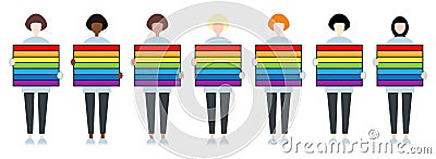 Set of diverse race female characters holding a rainbow tablet. LGBTIQ community. Women rights Vector Illustration