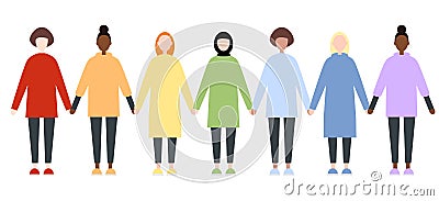 Set of diverse race female characters in rainbow clothes. LGBTIQ community. Women rights Vector Illustration