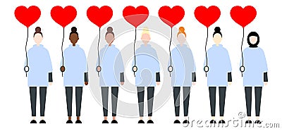 Set of diverse race vector women in casual clothes holding red balloon hearts. Valentine Day flat style Vector Illustration