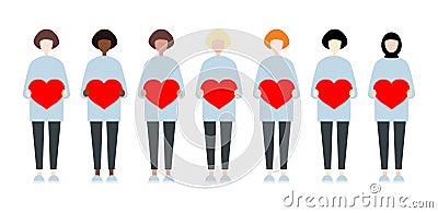 Set of diverse race vector women holding hearts. Valentine Day sisterhood cute and simple modern flat style Vector Illustration