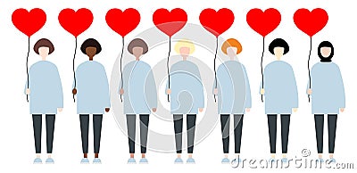 Set of diverse race vector women holding red balloon hearts. Valentine Day sisterhood cute and simple modern flat style Vector Illustration