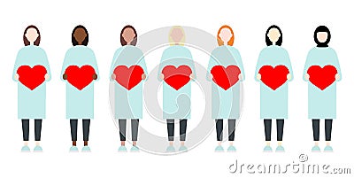 Set of diverse race vector women in long dresses holding hearts. Valentine Day sisterhood cute and simple modern flat style Vector Illustration