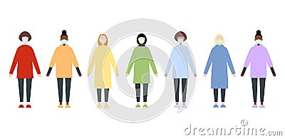 Set of diverse race vector women in rainbow clothes wearing masks. Nurse scrubs clothes. Flat style vector image. Doctors during Vector Illustration