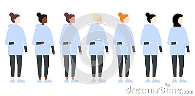 Set of diverse race vector women side view. Cute and simple modern flat style Vector Illustration