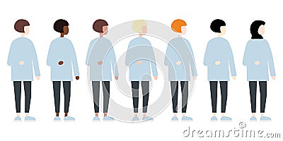 Set of diverse race vector women side view. Cute and simple modern flat style Vector Illustration