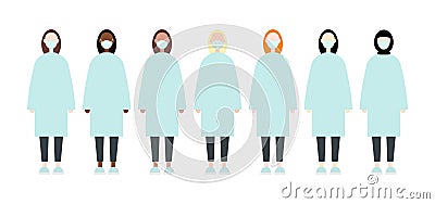 Set of diverse race vector women wearing masks. Nurse scrubs clothes. Flat style vector image. Doctors during pandemic of Vector Illustration