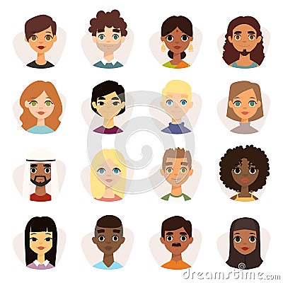 Set of diverse round avatars with facial features different nationalities, clothes and hairstyles. Vector Illustration