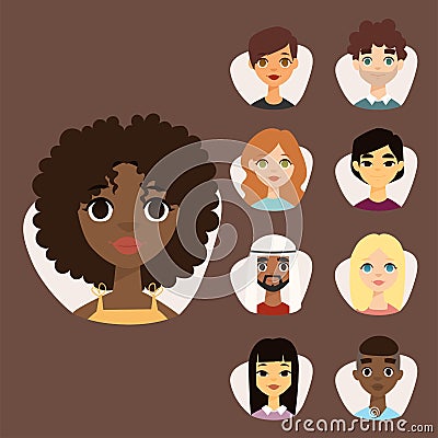 Set of diverse round avatars with facial features different nationalities clothes and hairstyles people characters Vector Illustration