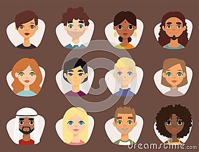 Set of diverse round avatars with facial features different nationalities clothes and hairstyles people characters Vector Illustration