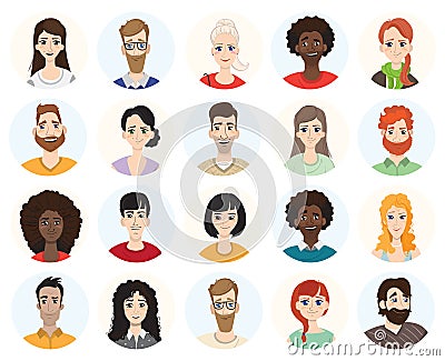 Set of diverse round avatars on white background Vector Illustration