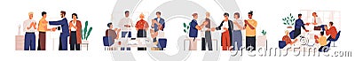 Set of diverse team congratulates colleague vector flat illustration. Collection of people celebrate career development Vector Illustration