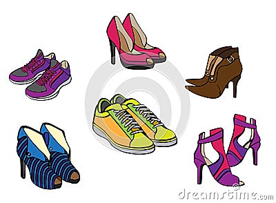 Set of diverse women`s shoes on a white background Vector Illustration