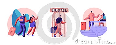 Set of Diverse Young People Arriving in Hostel. Male and Female Tourist Characters Move into Motel for Staying at Night Vector Illustration