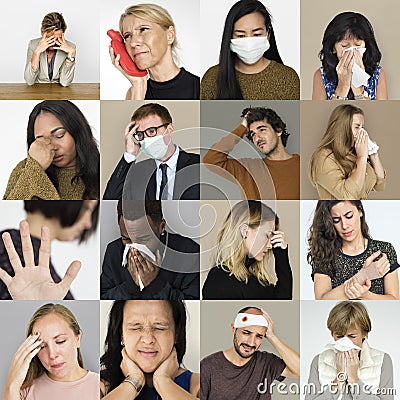 Set of Diversity People with Health Sickness Studio Collage Stock Photo