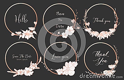 Set of dividers round frames, Hand drawn flowers, Botanical composition, Decorative element for wedding card. Vector Illustration