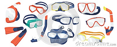 Set of Diving Equipment Snorkeling Masks, Scuba Diver Tools of Different Design. Underwater Glasses, Mouthpiece Tubes Vector Illustration