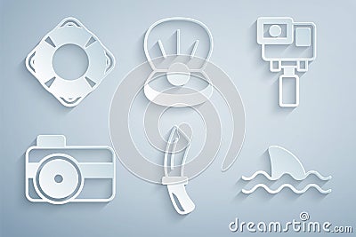 Set Diving knife, Action extreme camera, Photo for diver, Shark, Pearl and Lifebuoy icon. Vector Vector Illustration