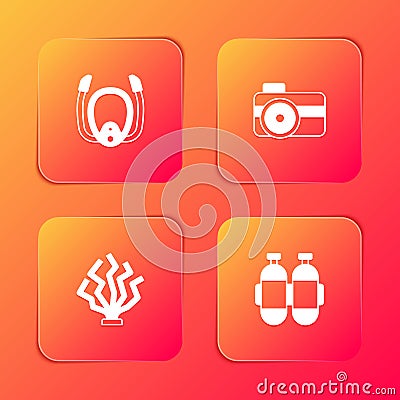 Set Diving mask with snorkel, Photo camera for diver, Coral and Aqualung icon. Vector Vector Illustration