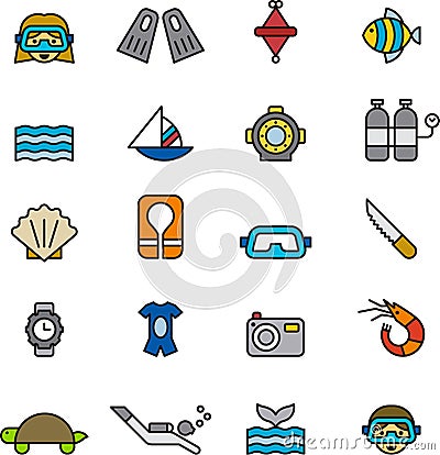 Set of diving related icons Vector Illustration