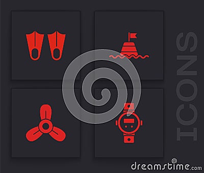 Set Diving watch, Rubber flippers, Floating buoy on the sea and Boat propeller, turbine icon. Vector Vector Illustration