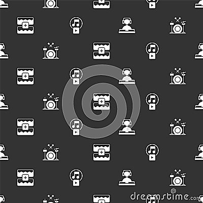 Set DJ playing music, Drums, Music wave equalizer and Play square on seamless pattern. Vector Vector Illustration