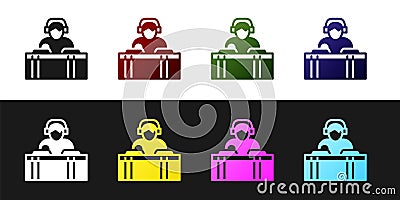 Set DJ wearing headphones in front of record decks icon isolated on black and white background. DJ playing music. Vector Vector Illustration