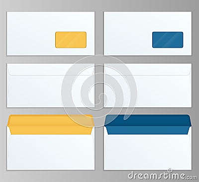 Set of DL Envelopes mockup front and back view for office document or message. White empty mail envelope with Vector Illustration